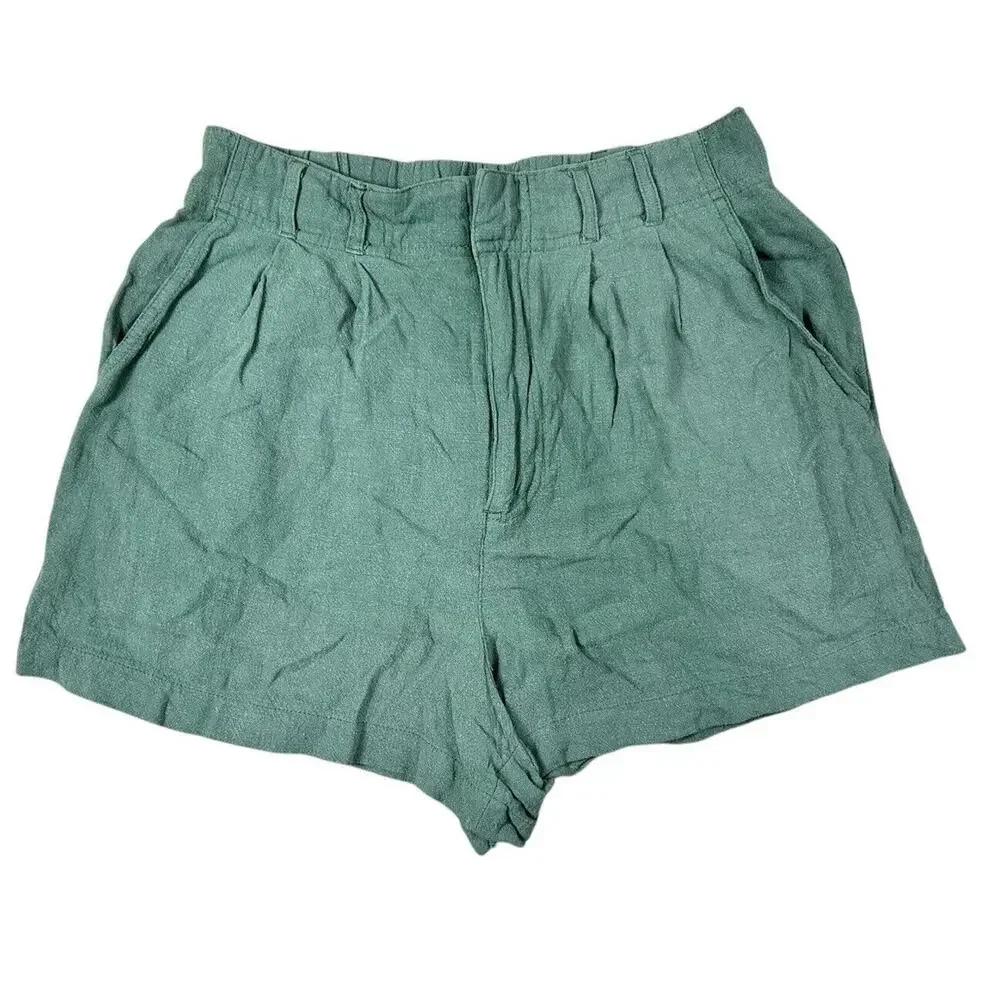 Z Supply Olive Green Linen Blend Shorts Sz XS Relaxed Pleated Stretch Waist